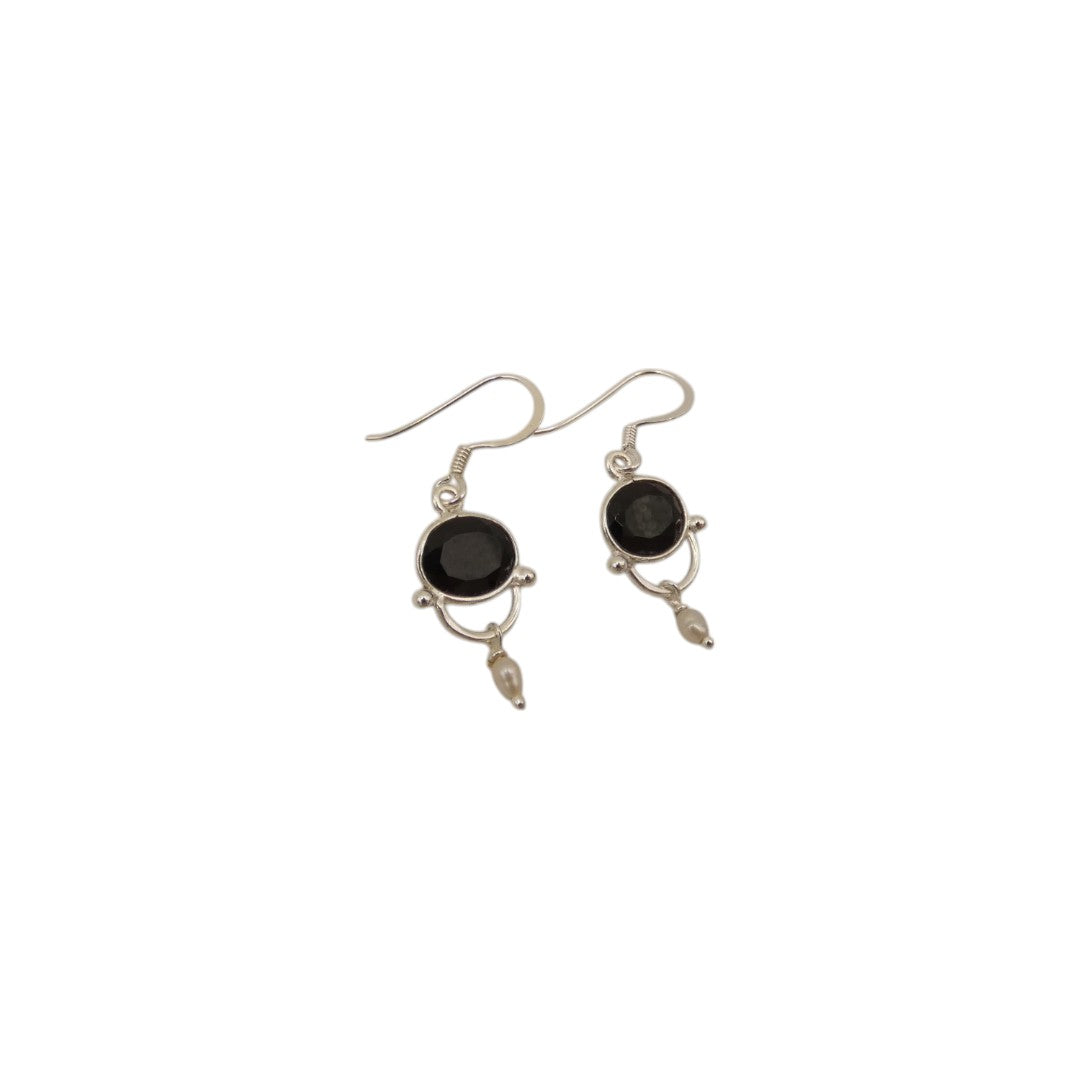 Sterling Silver Black Onyx Drop Earrings With Pearl 1.6"