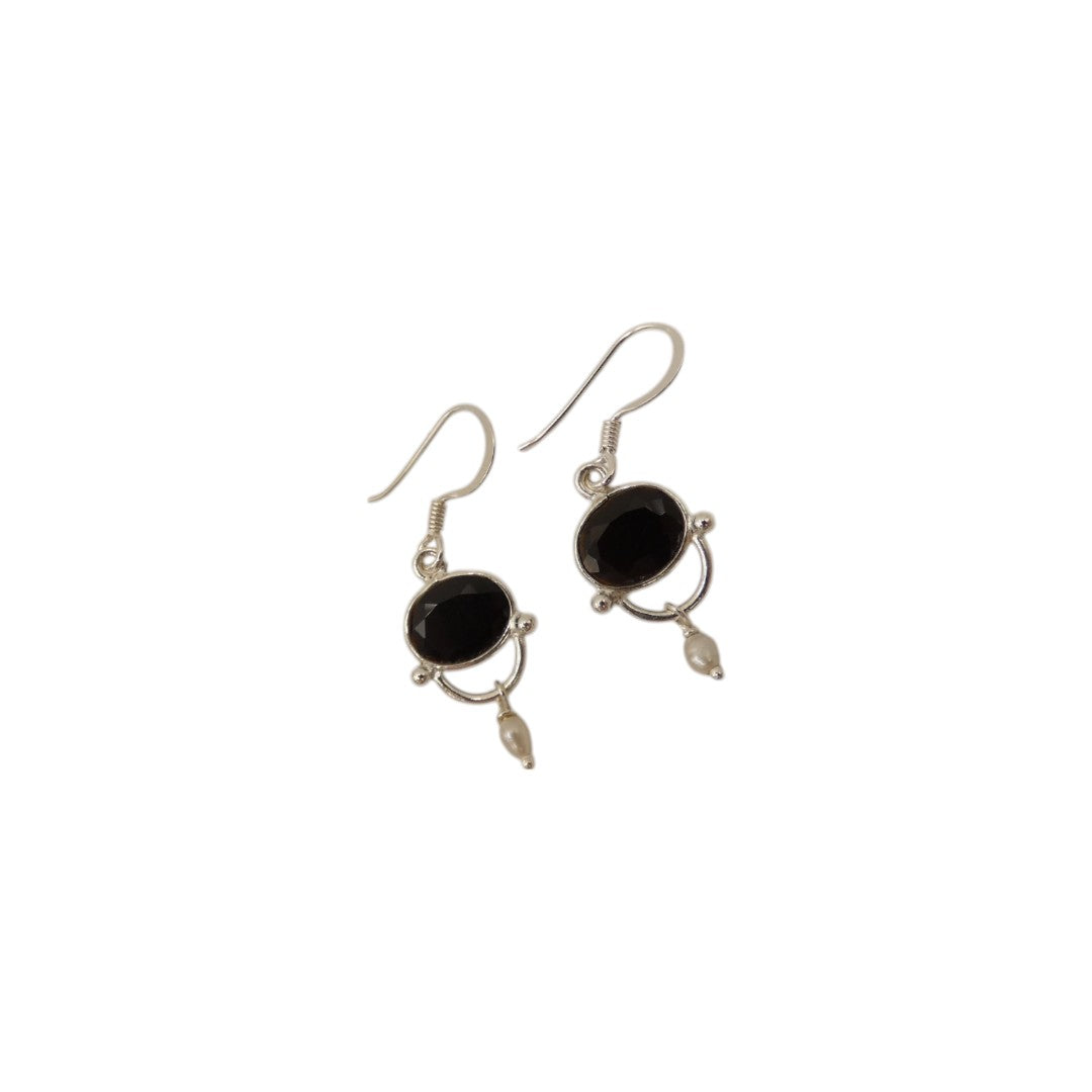 Sterling Silver Black Onyx Drop Earrings With Pearl 1.6"