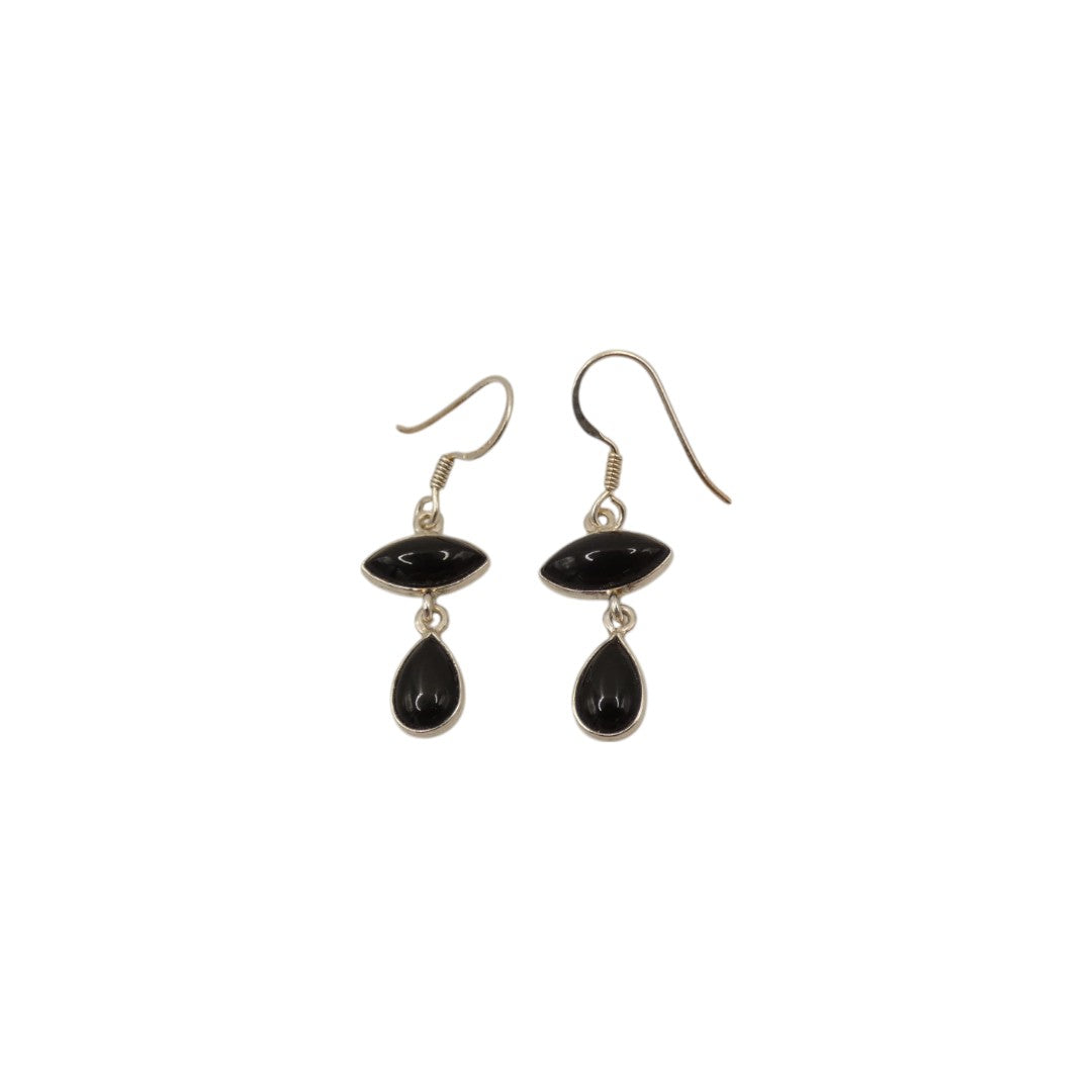 Sterling Silver Black Onyx Double Stone Drop Earrings 1.5"