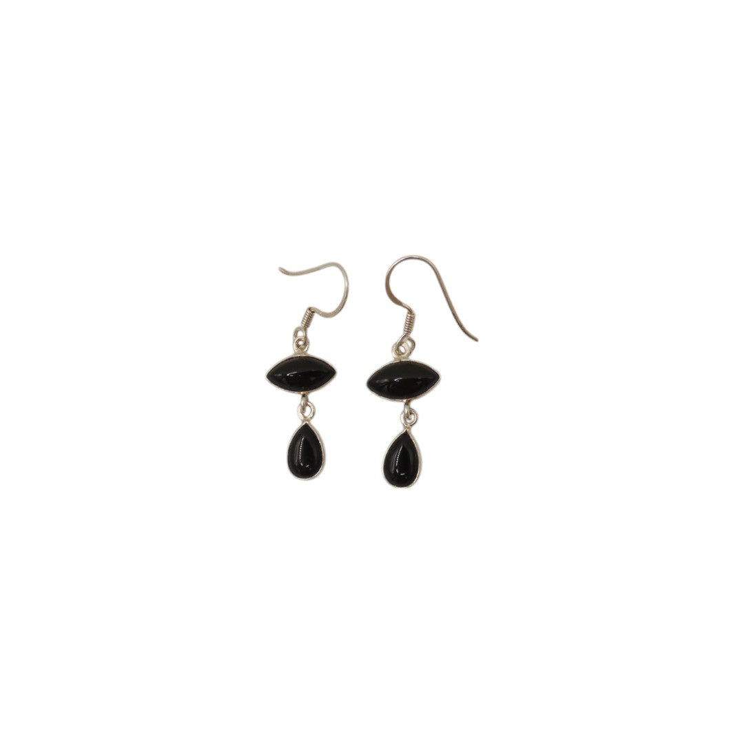 Sterling Silver Black Onyx Double Stone Drop Earrings 1.5"