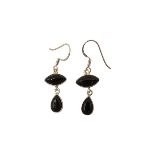 Sterling Silver Black Onyx Double Stone Drop Earrings 1.5"