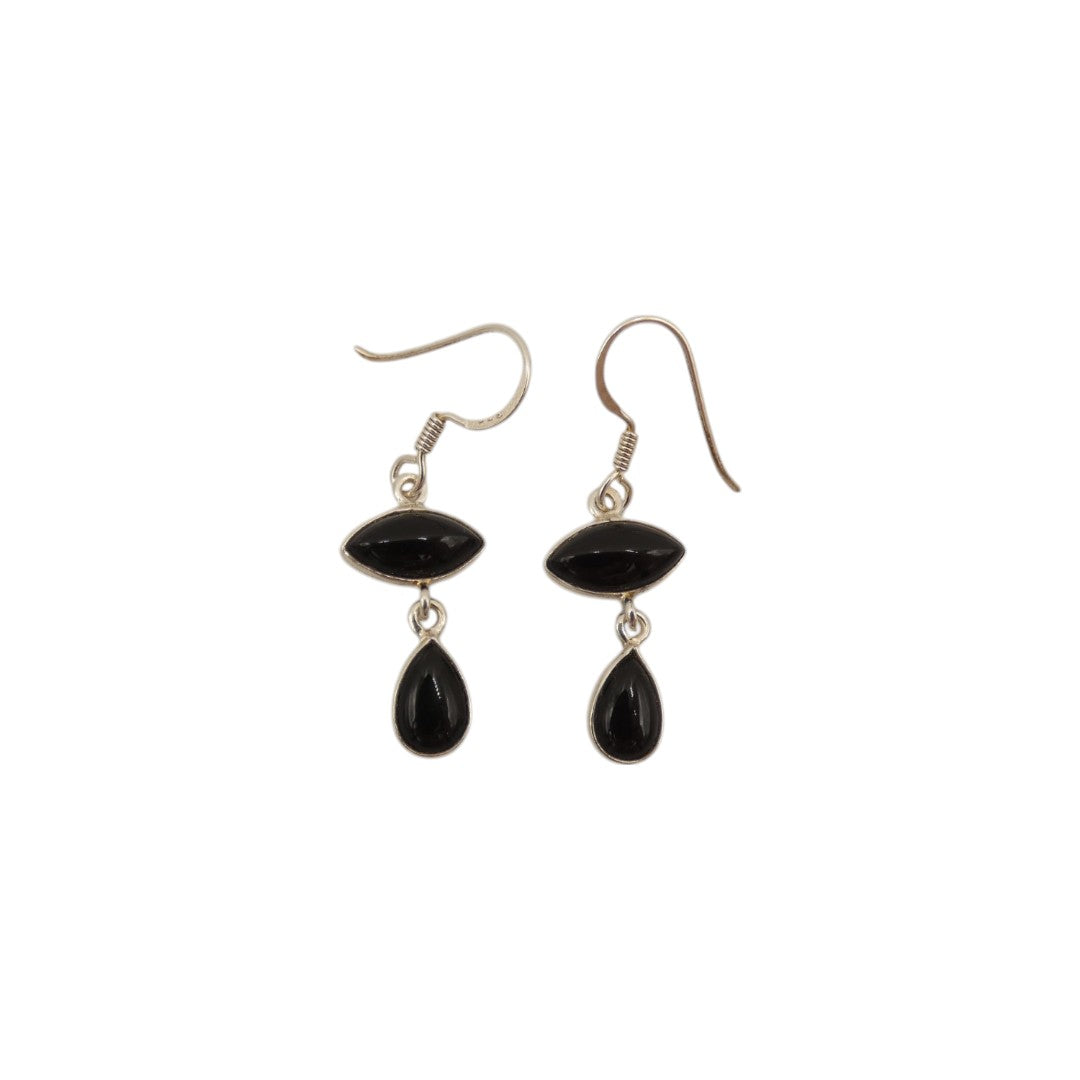 Sterling Silver Black Onyx Double Stone Drop Earrings 1.5"