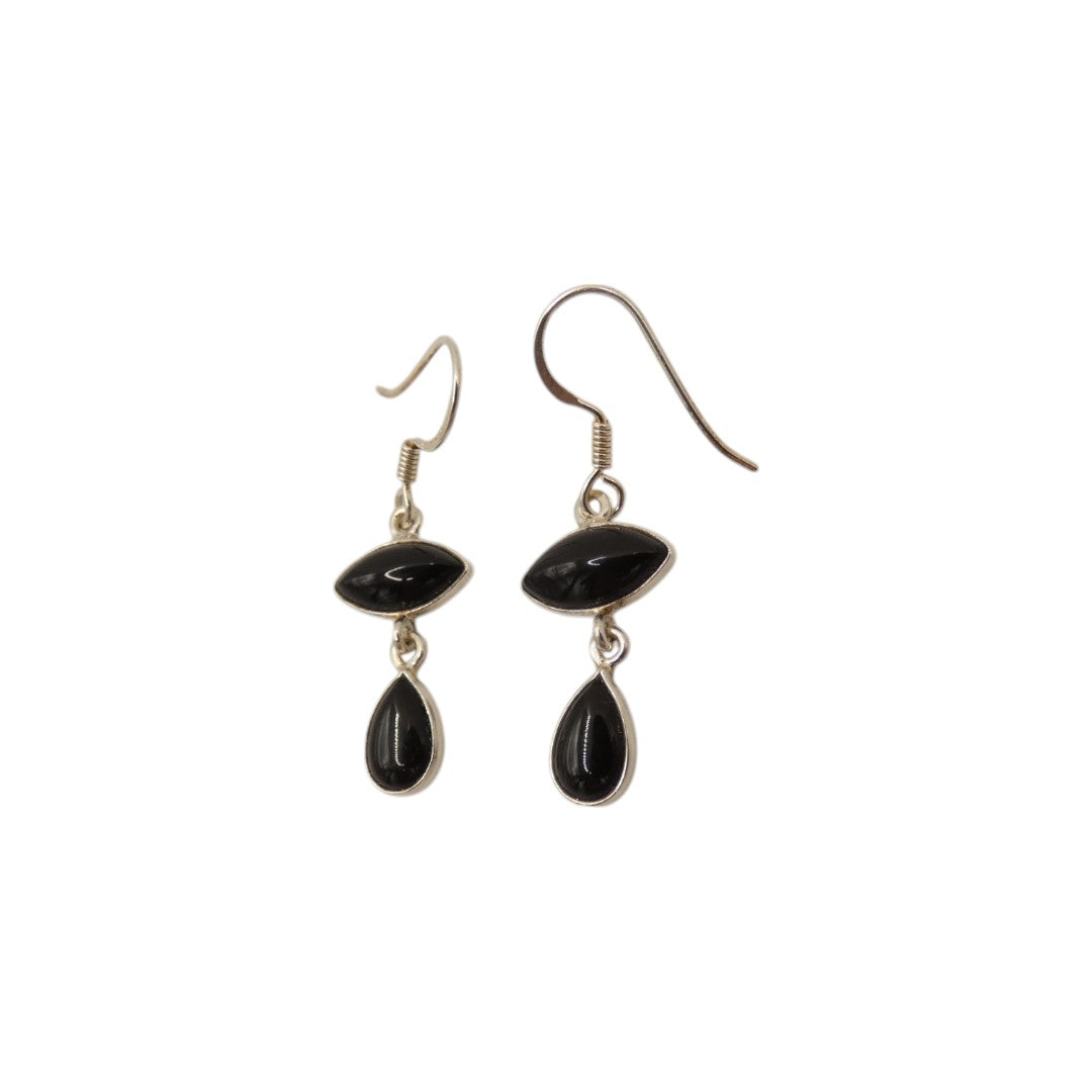 Sterling Silver Black Onyx Double Stone Drop Earrings 1.5"