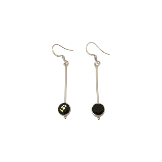 Sterling Silver Black Onyx Straight Drop Earrings With Round Stone 2"