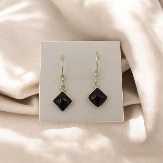 Sterling Silver Black Onyx Diamond Shape Drop Earrings 1.1"