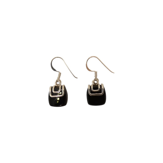 Sterling Silver Black Onyx Silver On Stone Drop Earrings 1.1"