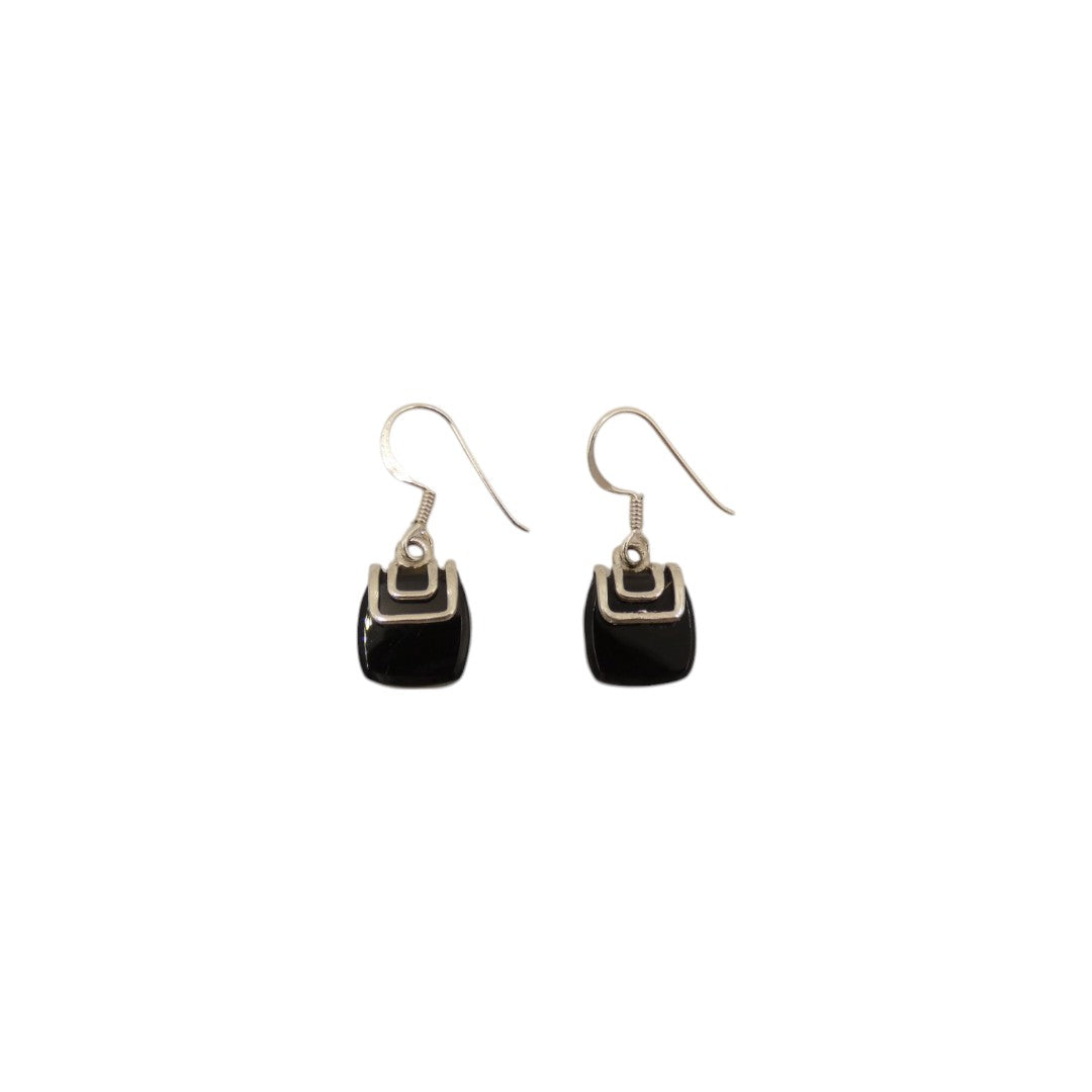 Sterling Silver Black Onyx Silver On Stone Drop Earrings 1.1"