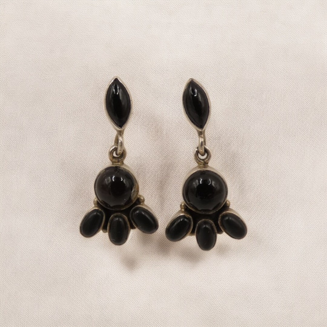 Sterling Silver Black Onyx Multi Stone Drop Earrings 1.1"