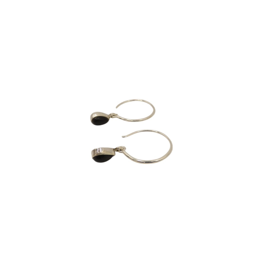 Sterling Silver Black Onyx Hoop Earrings With Drop Stone 0.75"