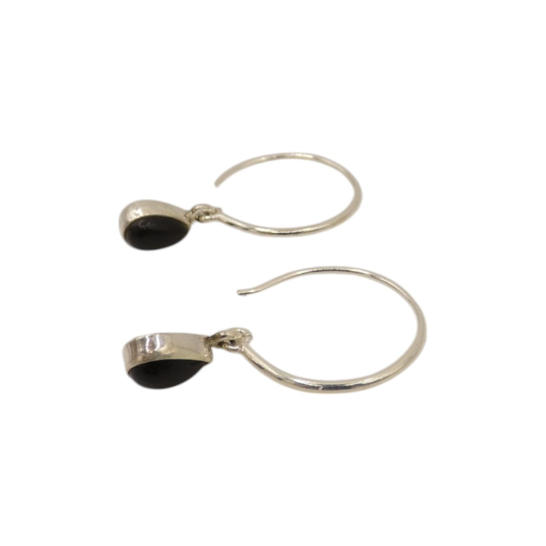 Sterling Silver Black Onyx Hoop Earrings With Drop Stone 0.75"