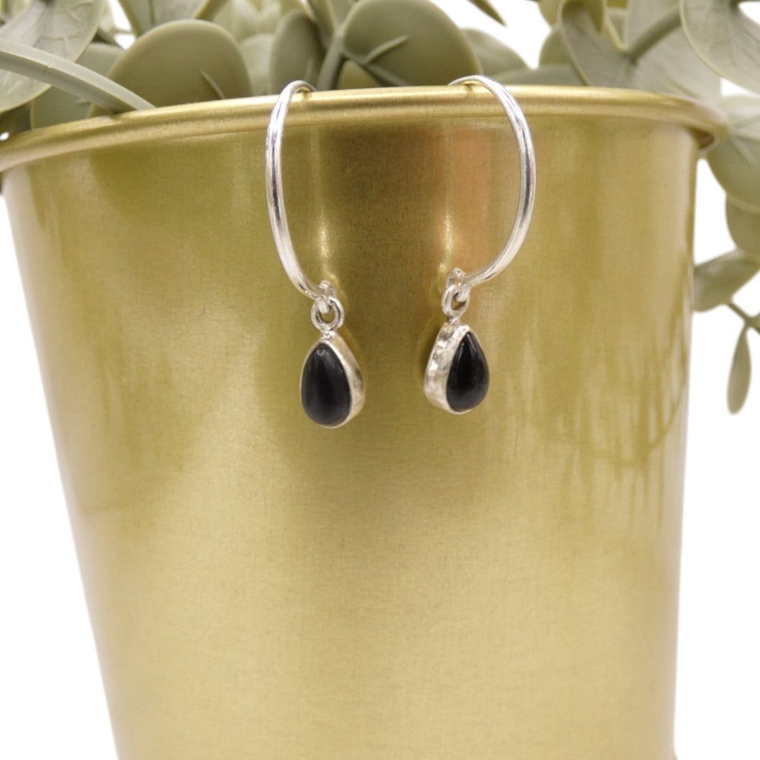 Sterling Silver Black Onyx Hoop Earrings With Drop Stone 0.75"